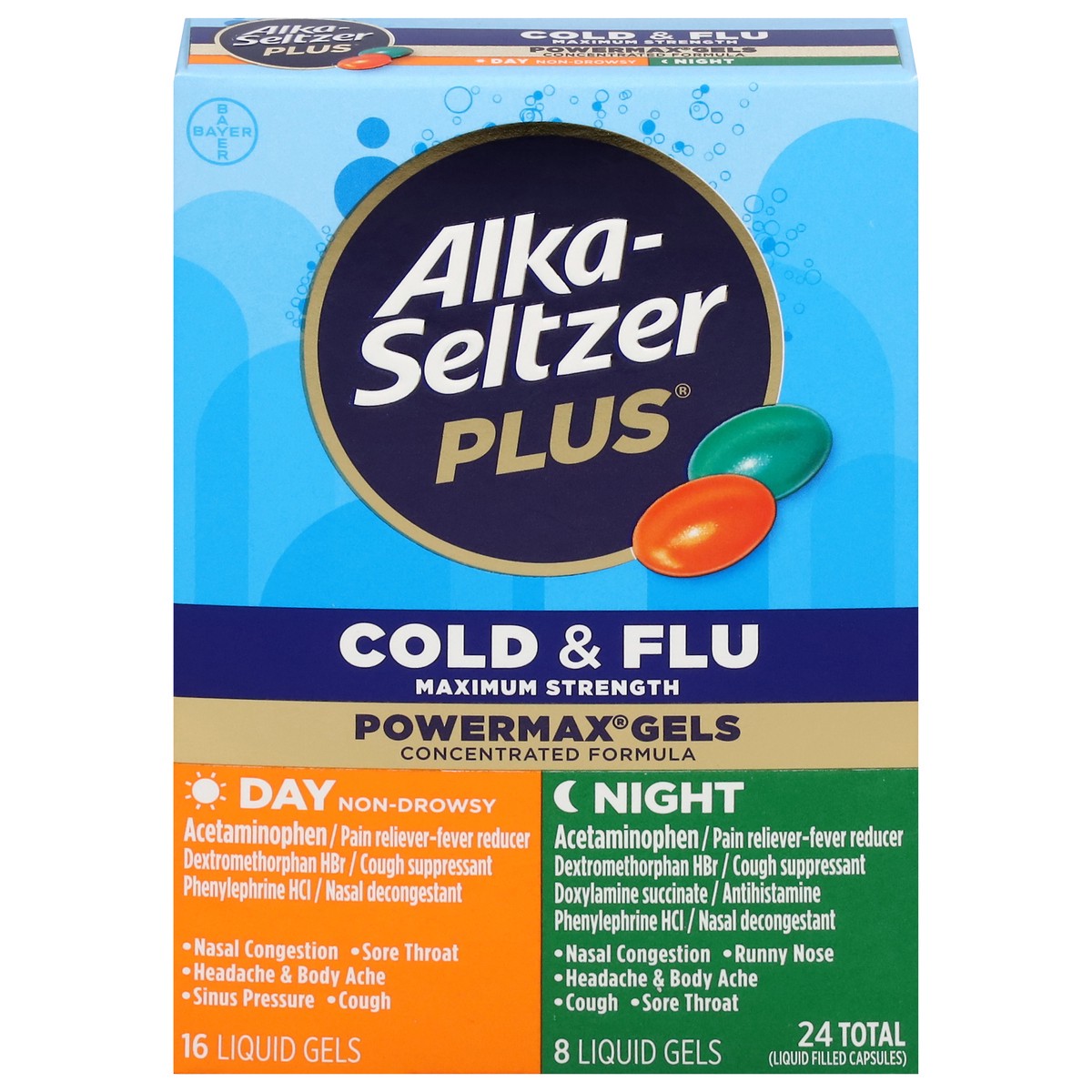 slide 1 of 9, Alka-Seltzer Day/Night Maximum Strength Cold & Flu 24 Capsules, 24 ct