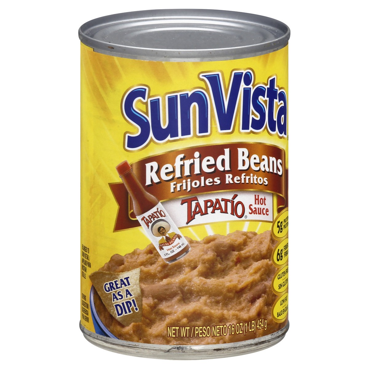 slide 3 of 13, SunVista Tapatio Hot Sauce Refried Beans 16 oz, 15 oz