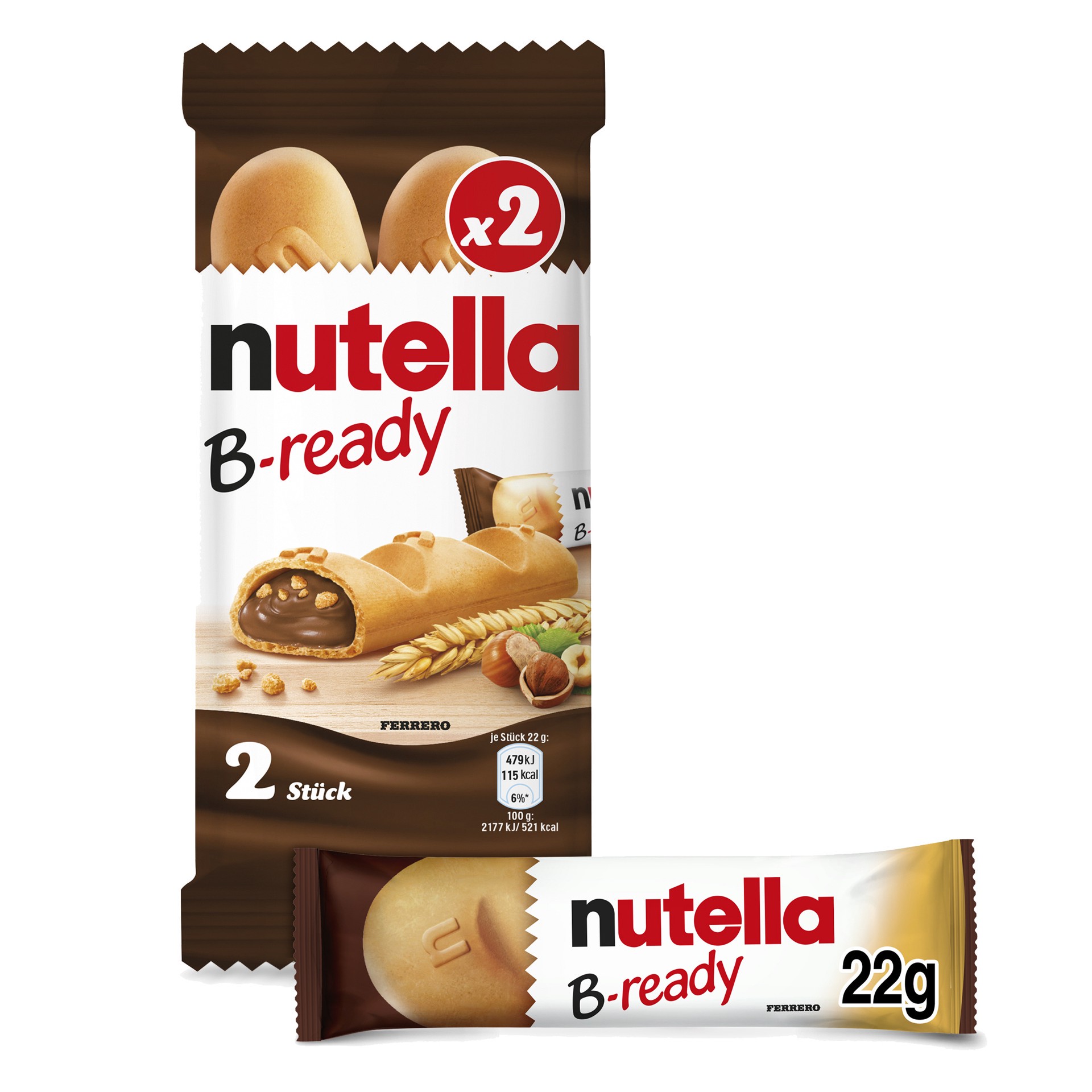 slide 1 of 10, Nutella B-ready, Hazelnut Spread with Cocoa, Individually Wrapped, 2 Snack Bars Pack, 1.55 oz