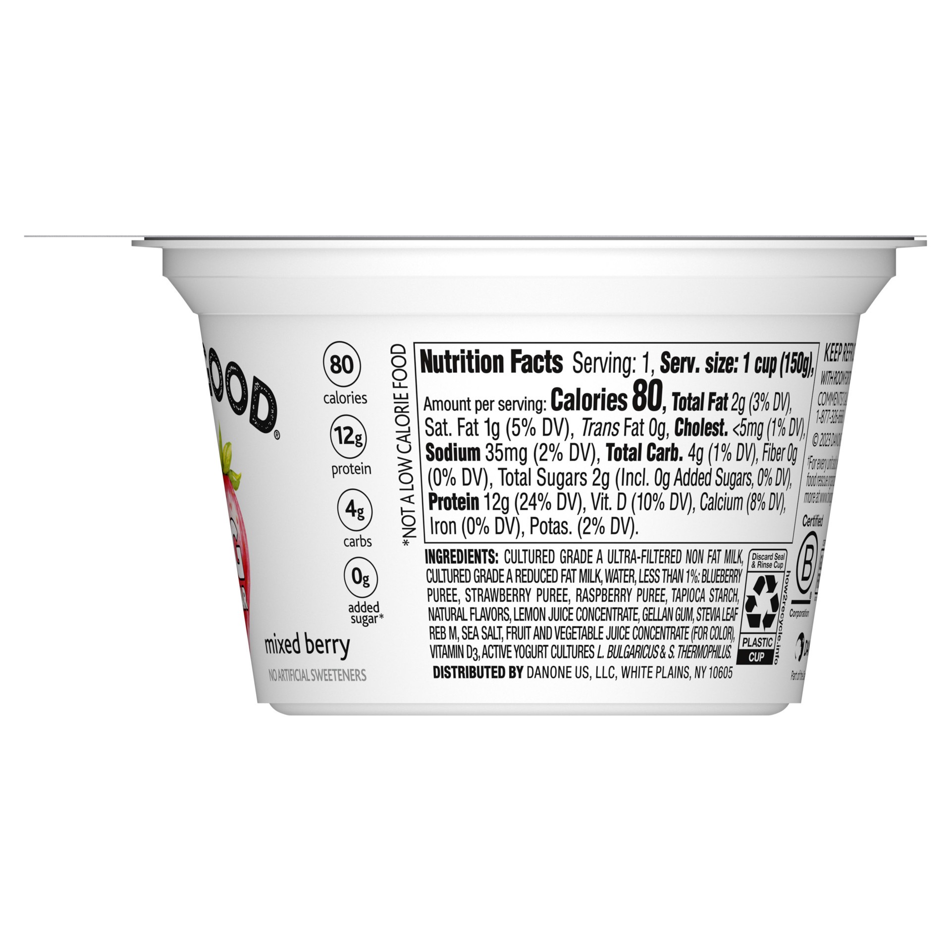 slide 5 of 5, Too Good & Co. Mixed Berry Flavored Lower Sugar, Low Fat Greek Yogurt Cultured Product, Gluten Free, Keto Friendly Healthy Snacks, 5.3 OZ Cup, 5.3 oz