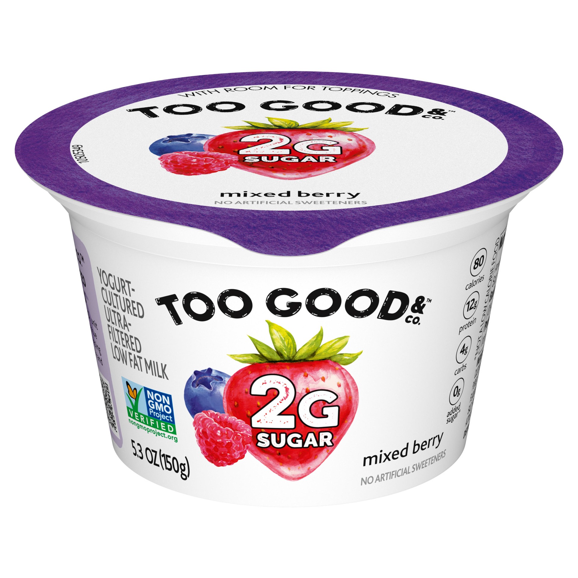 slide 1 of 5, Too Good & Co. Mixed Berry Flavored Lower Sugar, Low Fat Greek Yogurt Cultured Product, Gluten Free, Keto Friendly Healthy Snacks, 5.3 OZ Cup, 5.3 oz