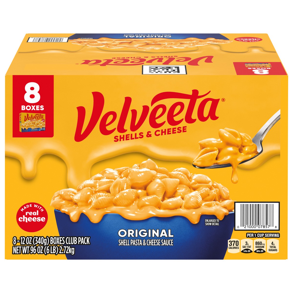 slide 1 of 9, Velveeta Shells & Cheese Original Shell Pasta & Cheese Sauce Meal, 8 ct Pack, 12 oz Boxes, 8 ct