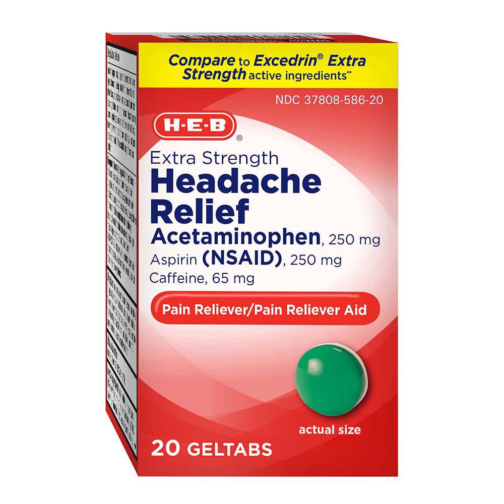 slide 1 of 1, H-E-B Extra Strength Headache Relief Acetaminophen 250 mg Geltabs, 20 ct