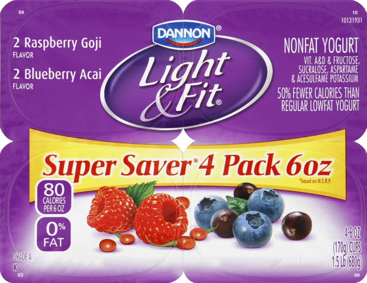 slide 2 of 6, Dannon Light & Fit Raspberry Goji & Blueberry Acai Yogurts, 4 ct; 6 oz