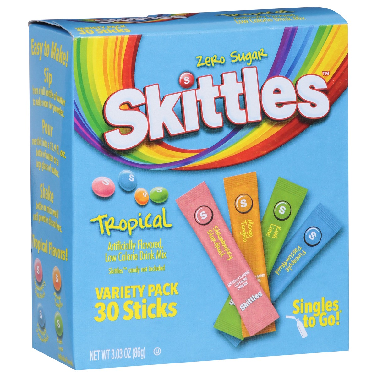 slide 8 of 9, Skittles Zero Sugar Tropical Drink Mix Variety Pack 30 Sticks, 30 ct