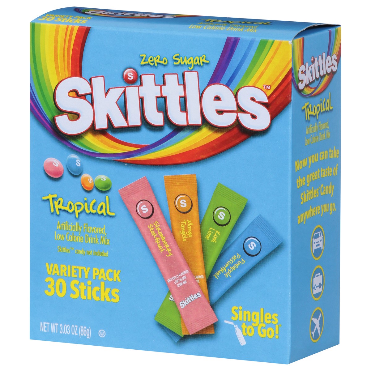 slide 4 of 9, Skittles Zero Sugar Tropical Drink Mix Variety Pack 30 Sticks, 30 ct
