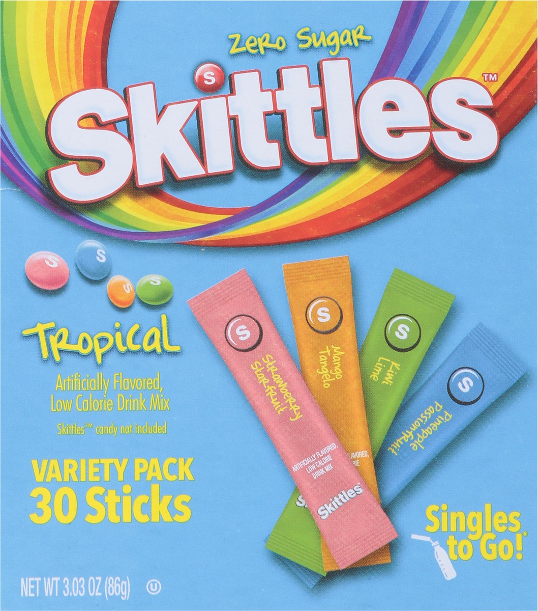 slide 5 of 9, Skittles Zero Sugar Tropical Drink Mix Variety Pack 30 Sticks, 30 ct