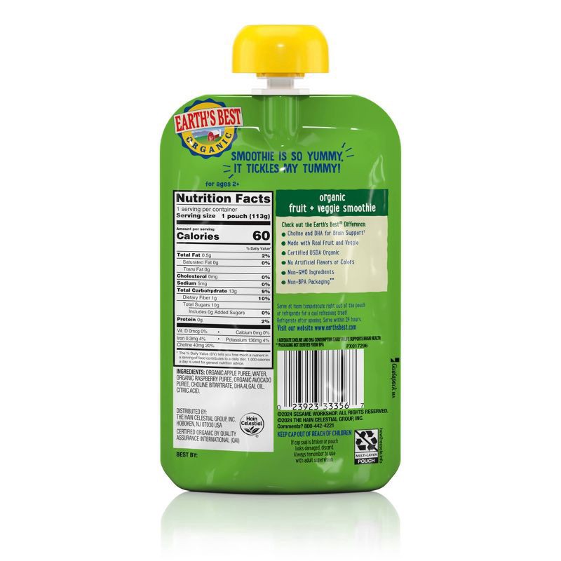 slide 2 of 2, Earth's Best Organic Kids Ages 2+ Brain Support Fruit + Veggie Apple Raspberry Avocado Smoothie 4 oz, 4 oz