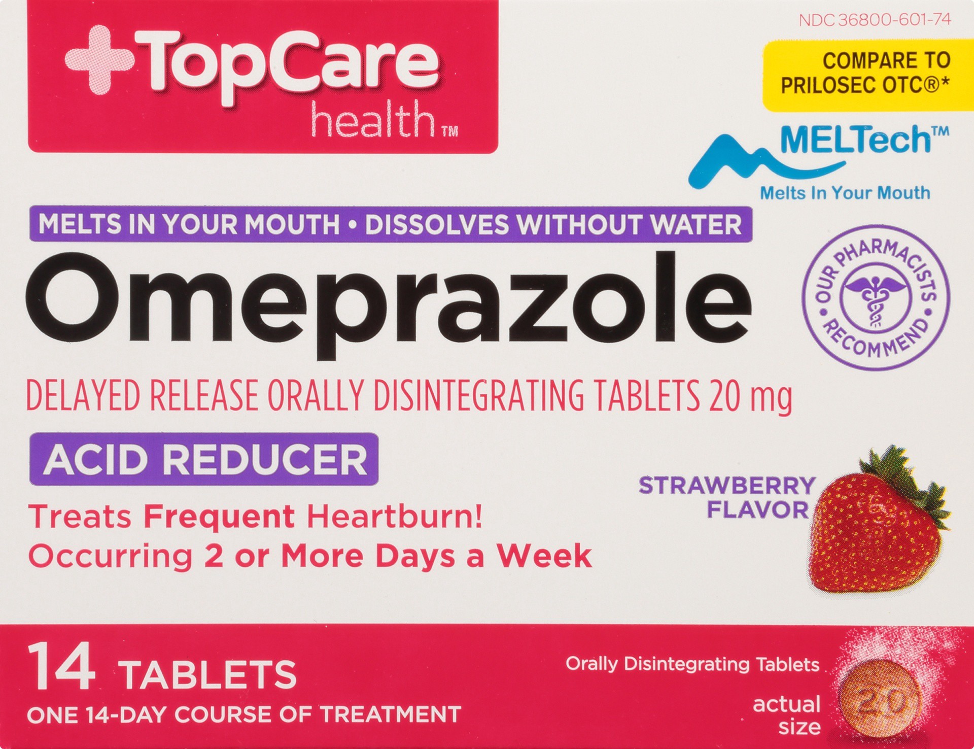 slide 1 of 6, TopCare Omeprazole Delayed Release Orally Disintegrating Tablets 20 Mg Acid Reducer Tablets, Strawberry, 14 ct