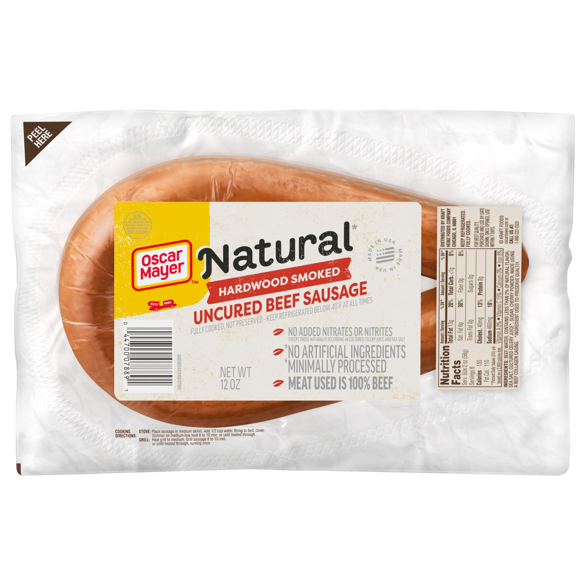 slide 1 of 2, Oscar Mayer Natural Selects Hardwood Smoked Uncured Beef Sausage Pack, 12 oz