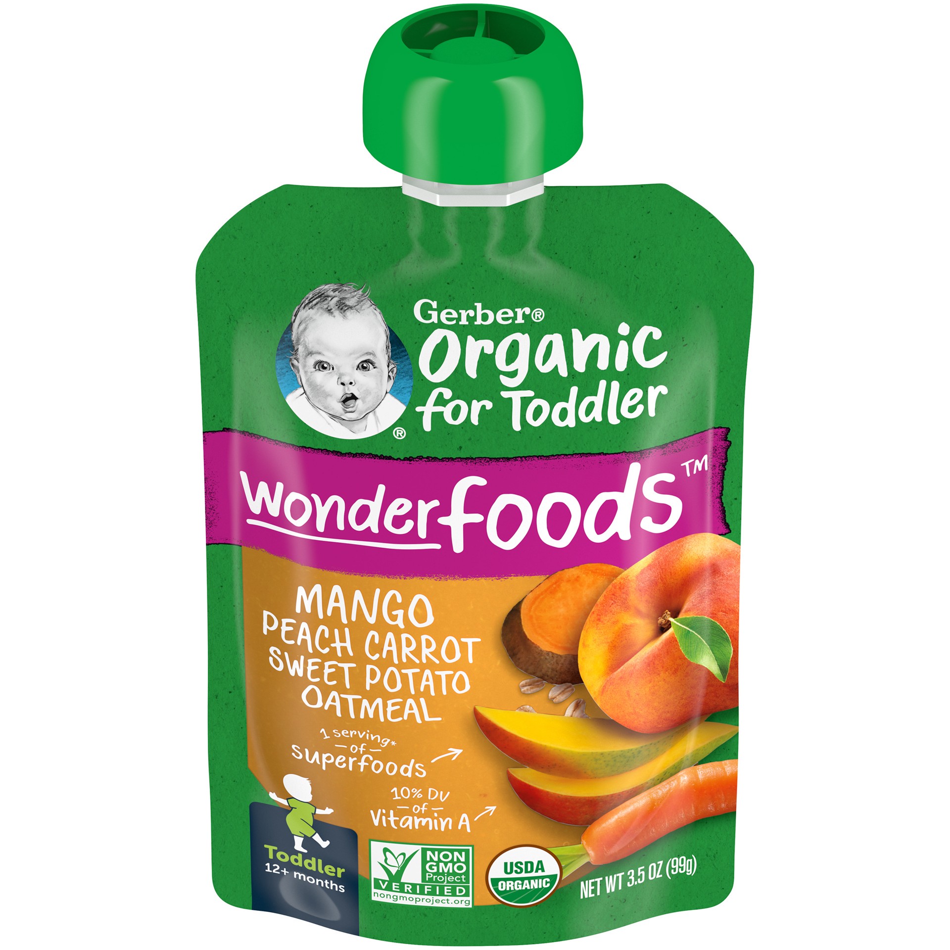 slide 1 of 5, Gerber Organic for Toddler WonderFoods, Mango Peach Carrot Sweet Potato Oatmeal, 3.5 oz Pouch, 3.5 oz