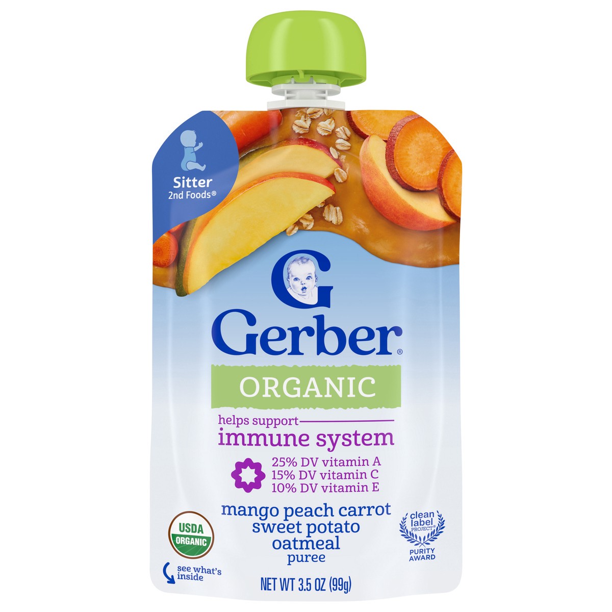 slide 1 of 5, Gerber Organic Toddler Food, Mango Peach Carrot Sweet Potato Oat Immune Builder, 3.5 Oz, 3.50 oz