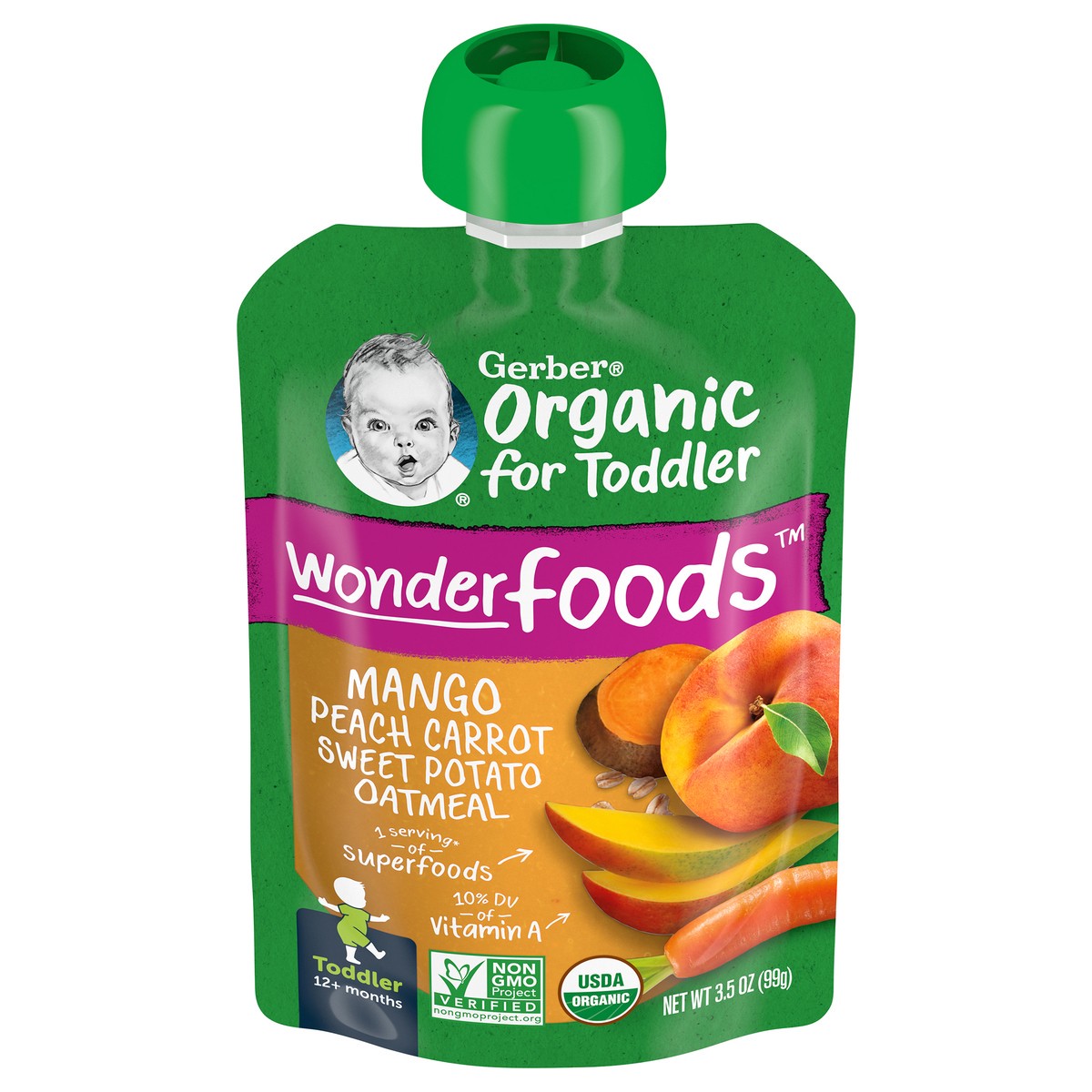 slide 1 of 5, Gerber Organic for Toddler WonderFoods, Mango Peach Carrot Sweet Potato Oatmeal, 3.5 oz Pouch, 3.5 oz