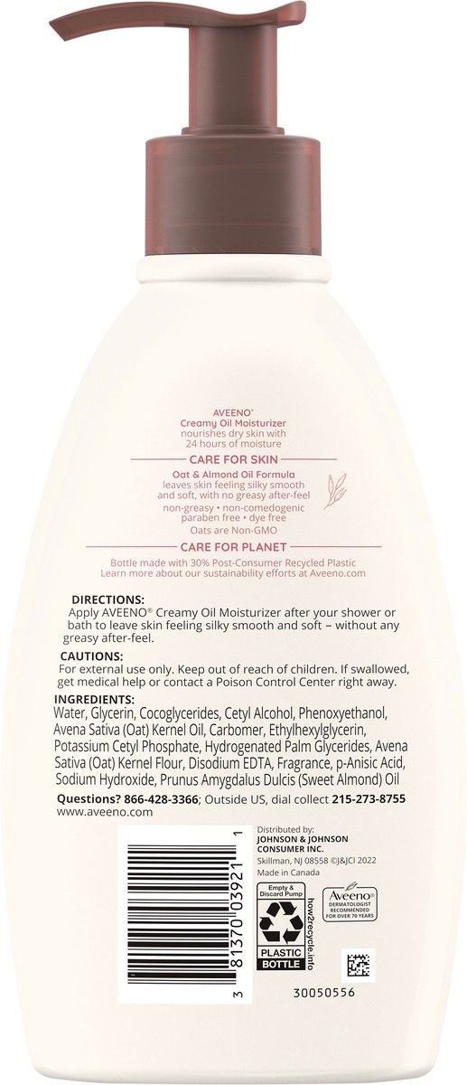 slide 4 of 7, Aveeno Creamy Oil Daily Body Moisturizer, Non-Greasy & Lightly Scented Body Moisturizer with Oat & Almond Oil Nourishes Dry Skin with 24 Hours of Moisture, Non-Comedogenic, 12 fl. oz, 12 oz