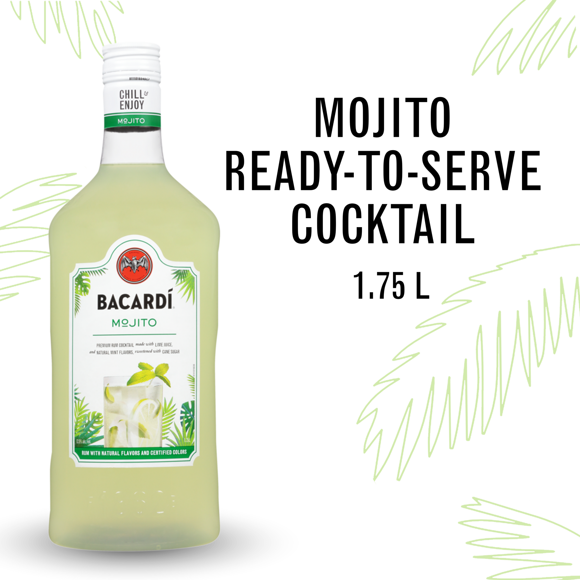 slide 2 of 5, Bacardí Bacardi Mojito Ready To Serve Premium Rum Cocktail, Gluten Free 12.5% 175Cl/1.75L, 1.75 liter