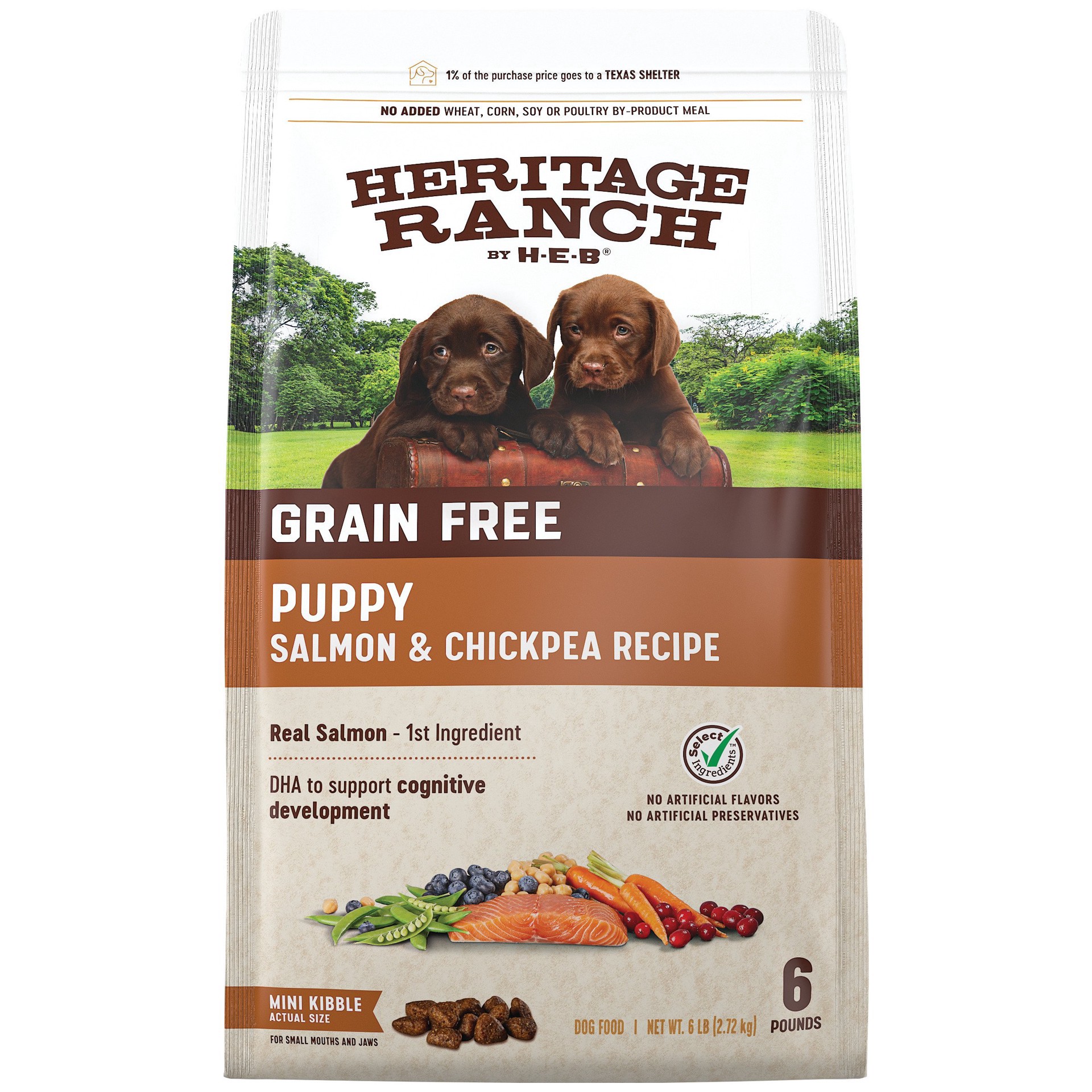 slide 1 of 1, Heritage Ranch by H-E-B Puppy Salmon & Chickpea Recipe Dog Food 6 lb, 6 lb