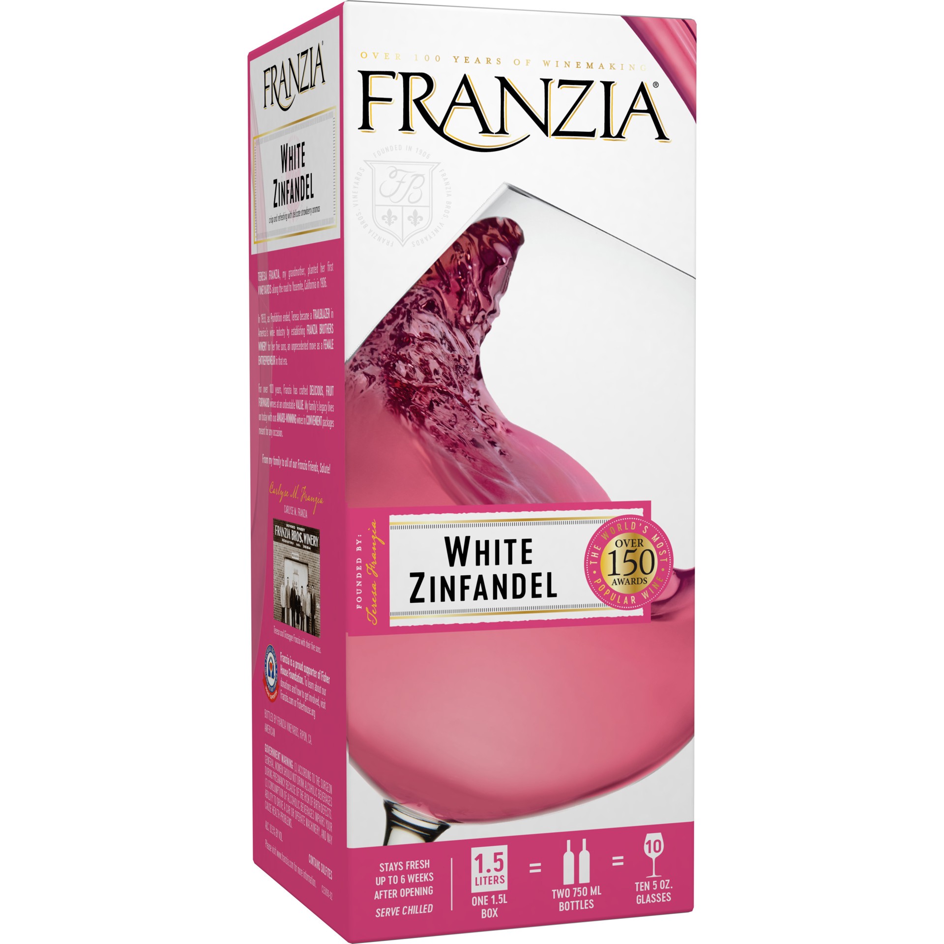 slide 1 of 4, Franzia White Zinfandel, Pink Wine, American, 1 ct, 1.5L Box, 1.50 liter