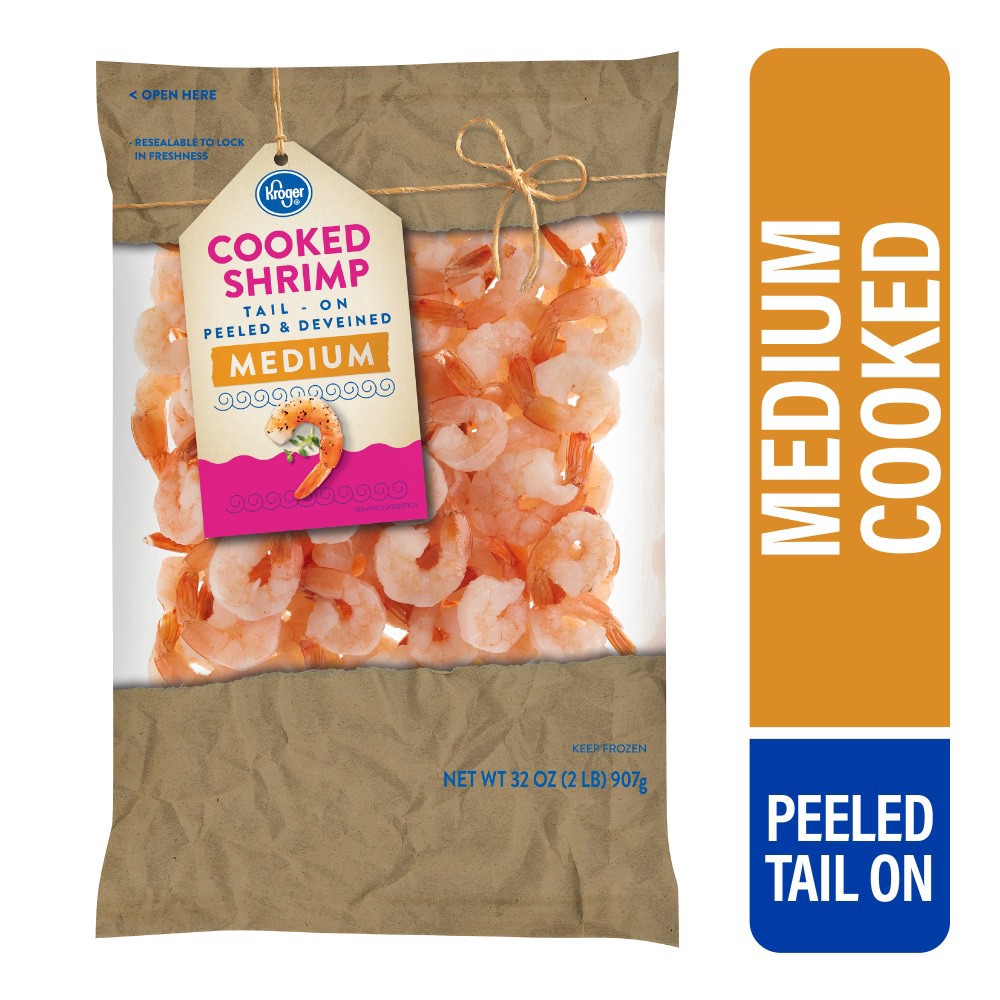 slide 1 of 4, Kroger Tail-On Peeled & Deveined Cooked Shrimp, 32 oz