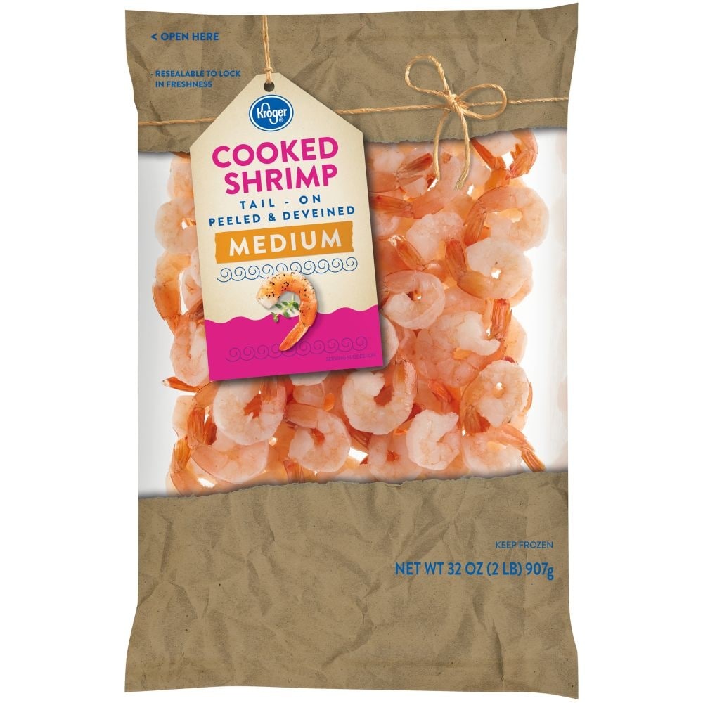 slide 1 of 1, Kroger Tail-On Peeled & Deveined Cooked Shrimp, 32 oz