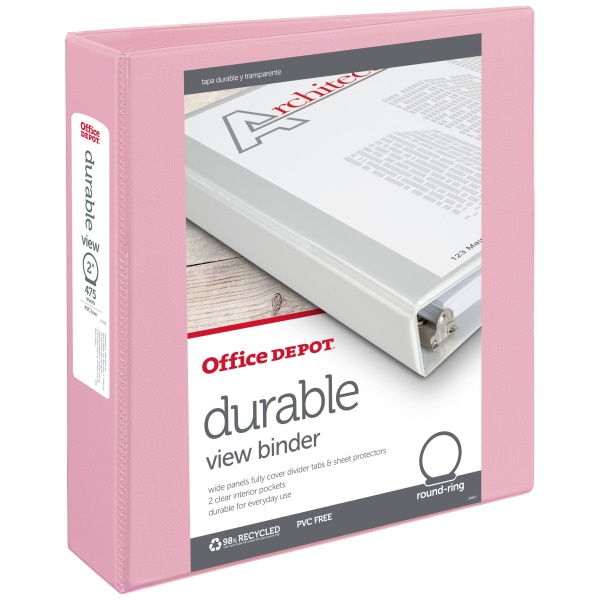 slide 1 of 1, Office Depot Brand Durable View Round-Ring Binder, 2'' Rings, Pink, 1 ct