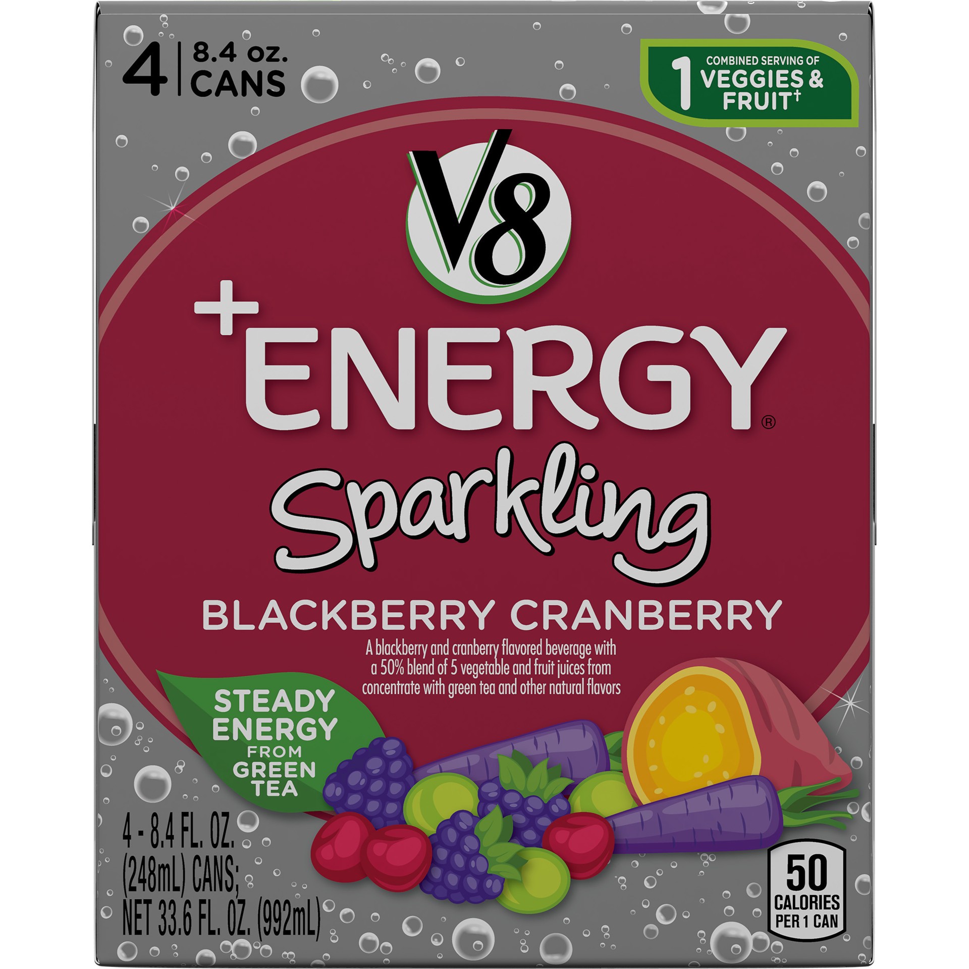slide 2 of 5, V8 +Energy Sparkling Healthy Energy Drink, Natural Energy from Tea, Blackberry Cranberry, 8.4 Ounce Can (4 Count), 33.6 oz
