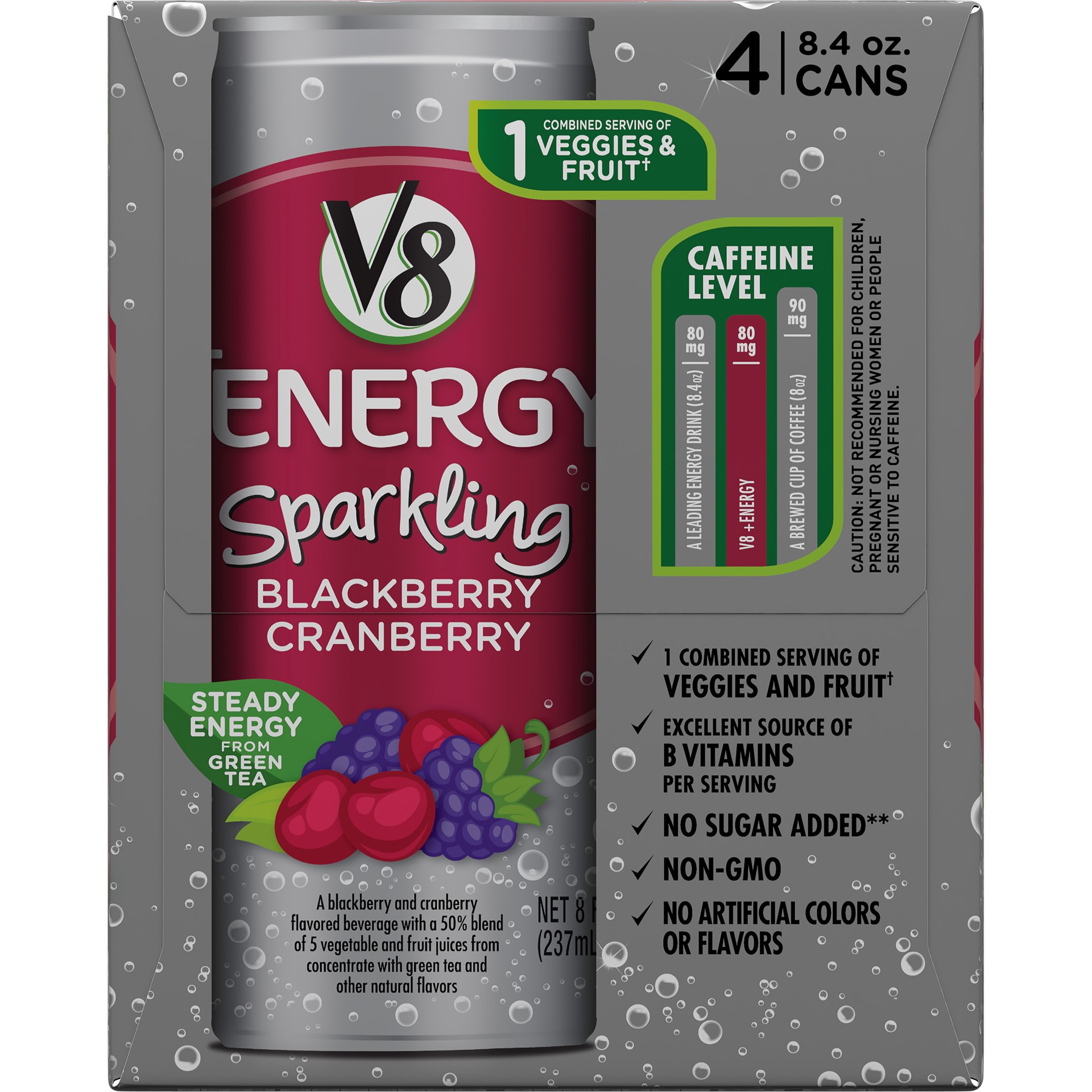 slide 3 of 5, V8 +Energy Sparkling Healthy Energy Drink, Natural Energy from Tea, Blackberry Cranberry, 8.4 Ounce Can (4 Count), 33.6 oz