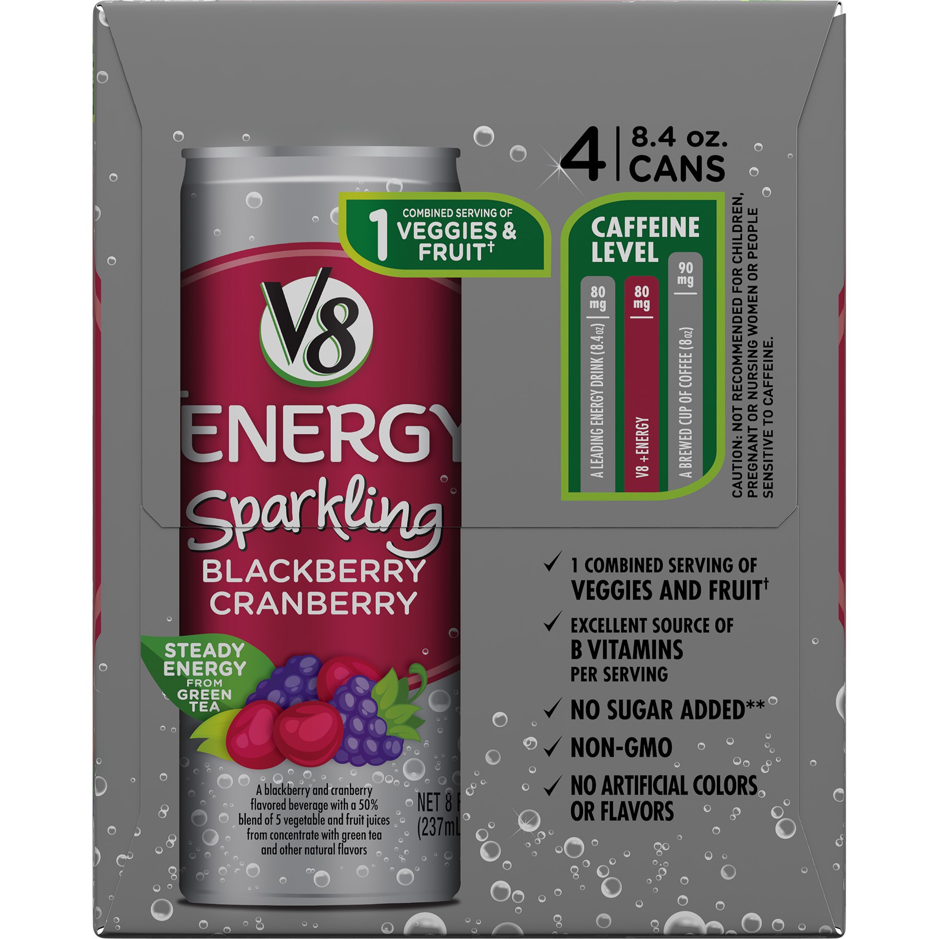 slide 5 of 5, V8 +Energy Sparkling Healthy Energy Drink, Natural Energy from Tea, Blackberry Cranberry, 8.4 Ounce Can (4 Count), 33.6 oz