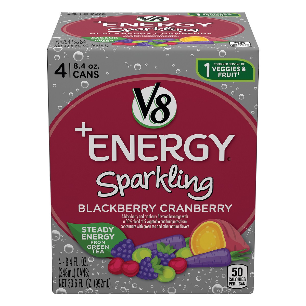 slide 1 of 5, V8 +Energy Sparkling Blackberry Cranberry Juice Beverage 4 - 8.4 fl oz Cans, 4 ct