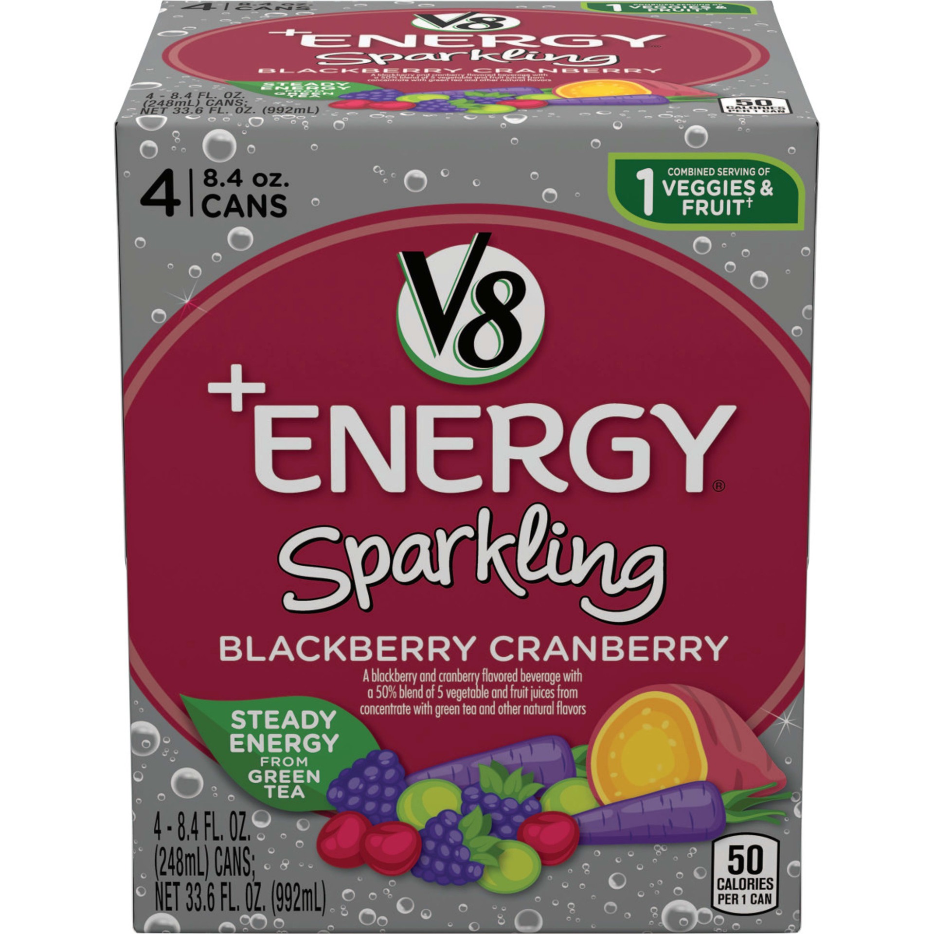 slide 1 of 5, V8 +Energy Sparkling Healthy Energy Drink, Natural Energy from Tea, Blackberry Cranberry, 8.4 Ounce Can (4 Count), 33.6 oz
