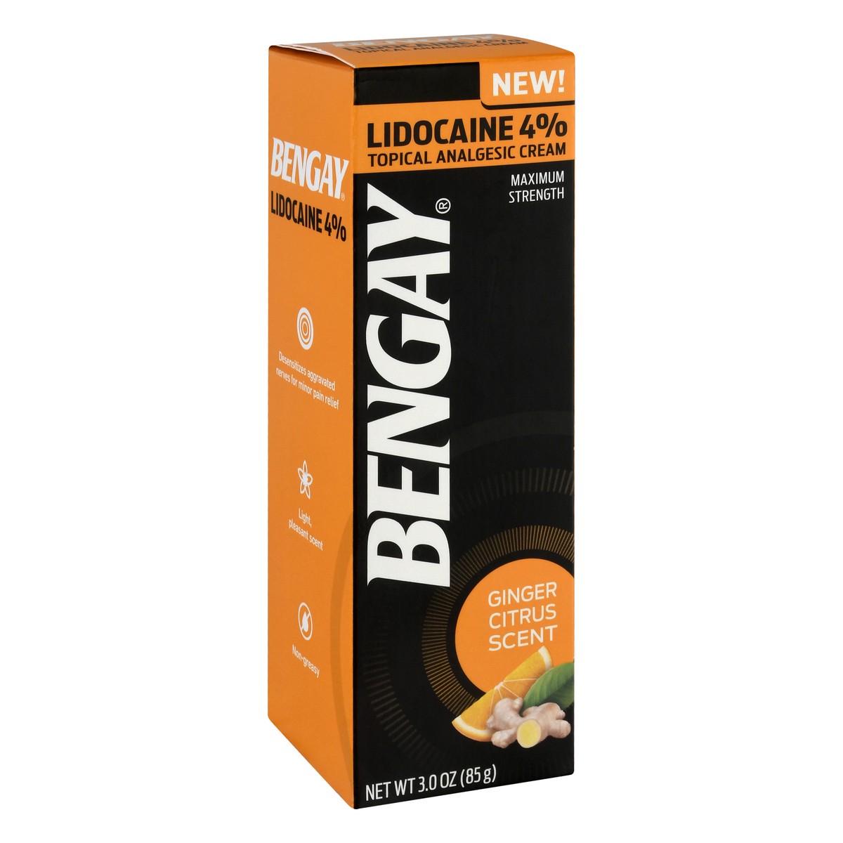 slide 2 of 9, BENGAY Lidocaine Cream, Pain Reliever, Pain Relief Cream, Non-Greasy Topical Analgesic, Numbing Relief, Maximum Strength 4% Lidocaine HCI; Ginger Citrus Scent, 3 oz.; Pack of 1, 3 oz