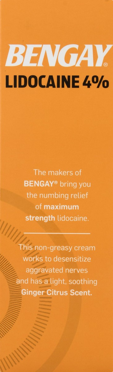 slide 8 of 9, BENGAY Lidocaine Cream, Pain Reliever, Pain Relief Cream, Non-Greasy Topical Analgesic, Numbing Relief, Maximum Strength 4% Lidocaine HCI; Ginger Citrus Scent, 3 oz.; Pack of 1, 3 oz