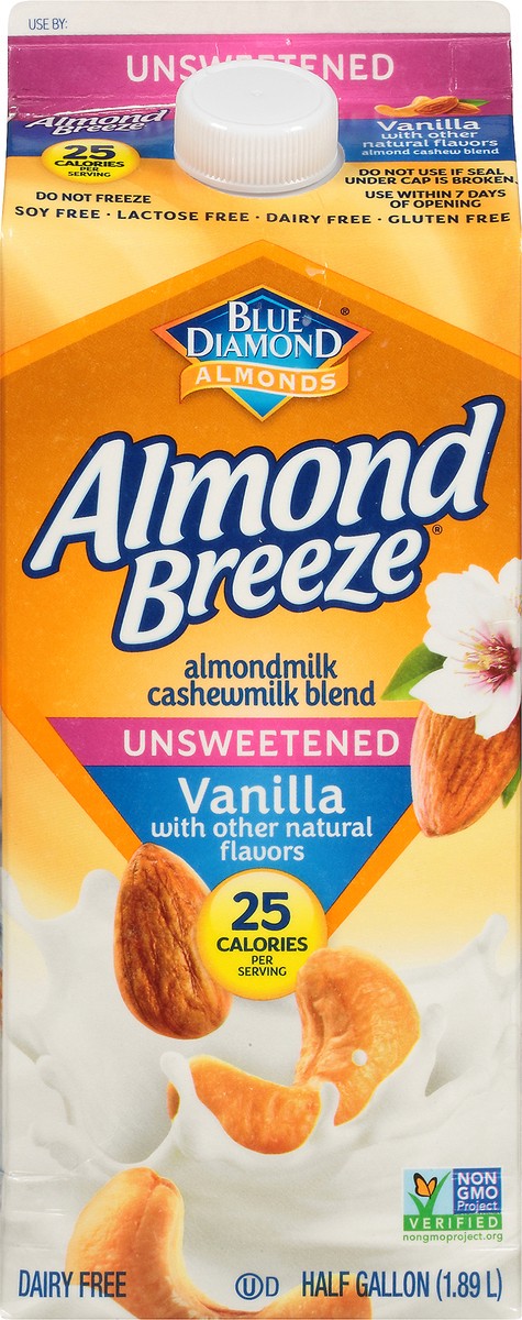 slide 2 of 14, Almond Breeze Blue Diamond Almond Breeze Unsweetened Vanilla Almondmilk Cashewmilk Blend 0.5 gal. Carton, 1.89 liter