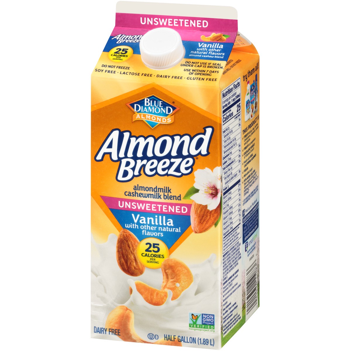 slide 3 of 14, Almond Breeze Blue Diamond Almond Breeze Unsweetened Vanilla Almondmilk Cashewmilk Blend 0.5 gal. Carton, 1.89 liter