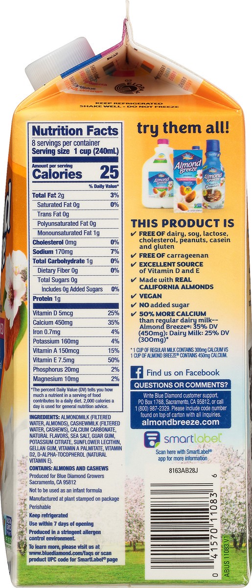 slide 14 of 14, Almond Breeze Blue Diamond Almond Breeze Unsweetened Vanilla Almondmilk Cashewmilk Blend 0.5 gal. Carton, 1.89 liter