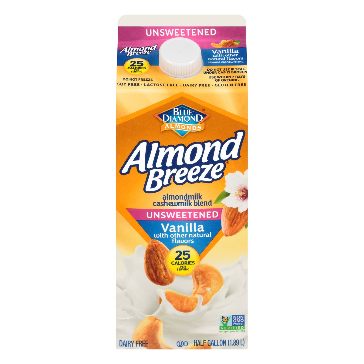 slide 6 of 14, Almond Breeze Blue Diamond Almond Breeze Unsweetened Vanilla Almondmilk Cashewmilk Blend 0.5 gal. Carton, 1.89 liter