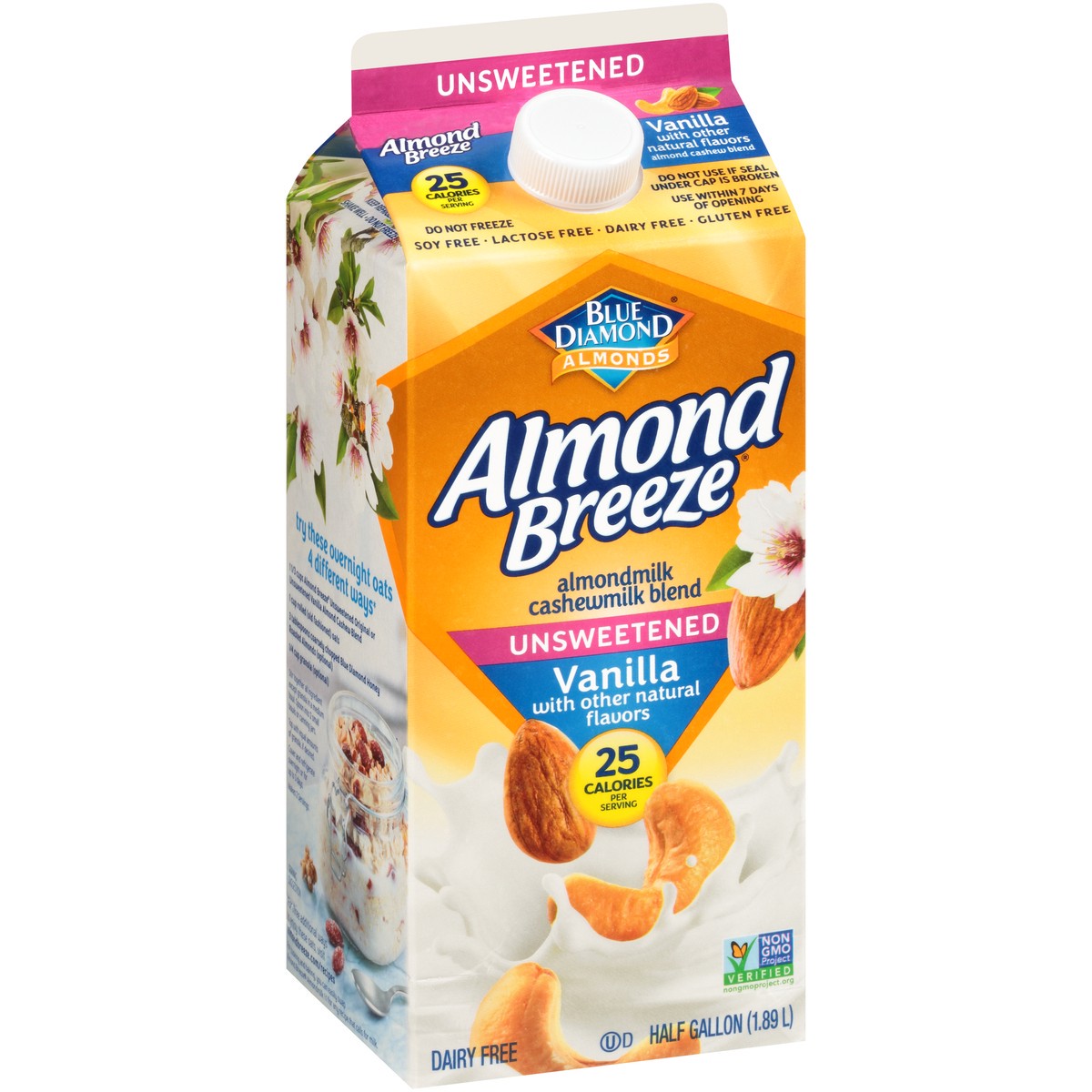 slide 12 of 14, Almond Breeze Blue Diamond Almond Breeze Unsweetened Vanilla Almondmilk Cashewmilk Blend 0.5 gal. Carton, 1.89 liter