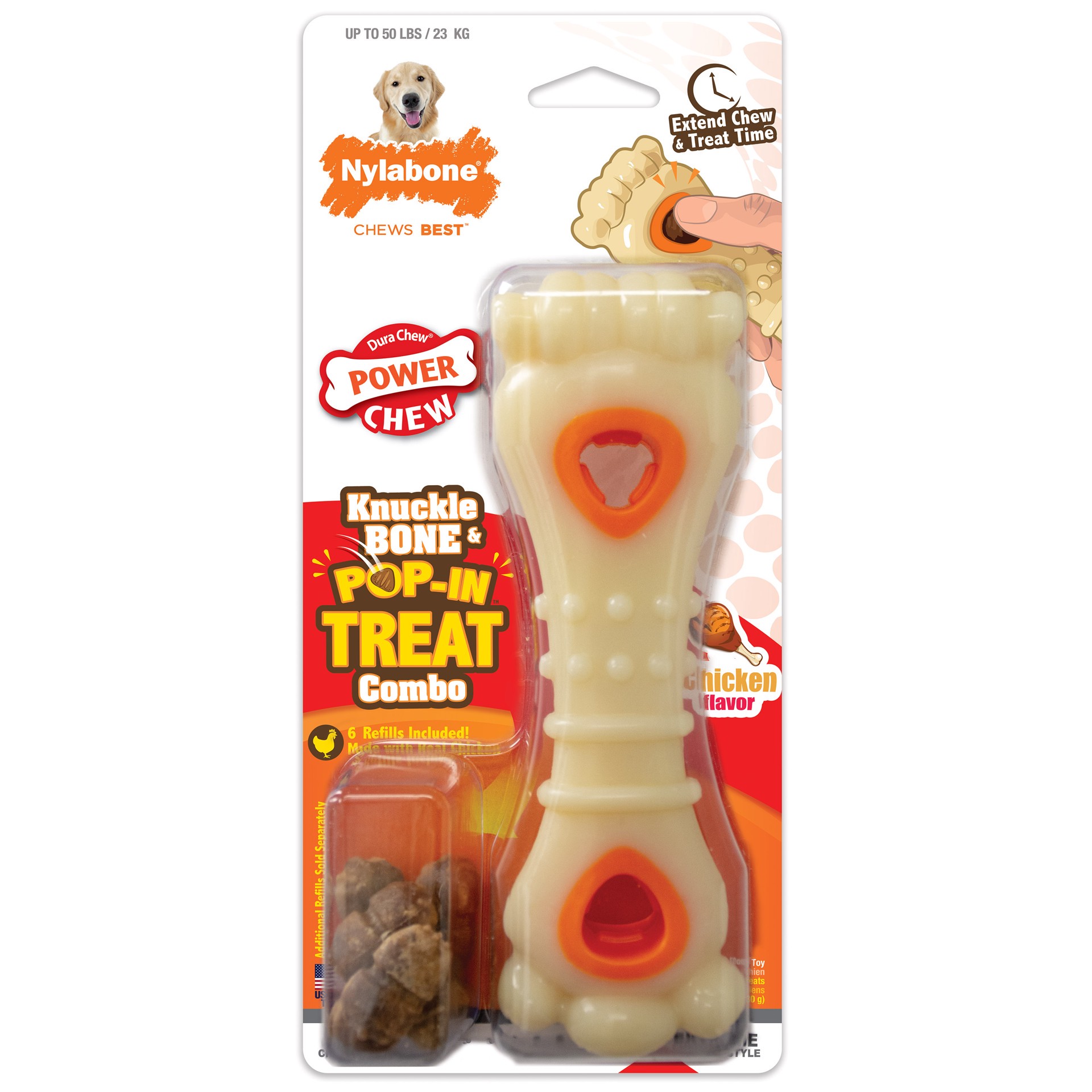 slide 1 of 10, Nylabone Power Chew Knuckle Bone & Pop-In Treat Toy Combo Chicken Pop-In Large/Giant - Up to 50 lbs.(1 Count), LG