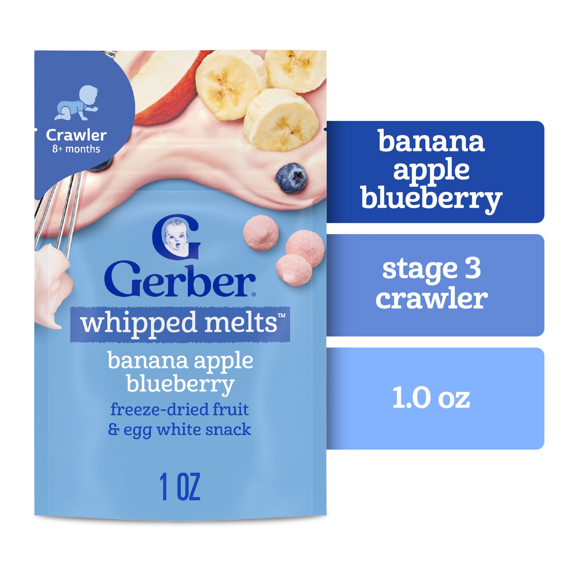 slide 1 of 14, Gerber Stage 3 Baby Food Snacks, Banana Apple Blueberry Whipped Melts, Baby Led Feeding, 1 oz