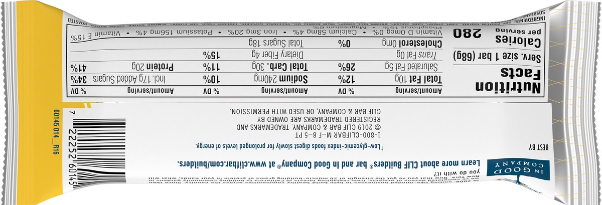 slide 5 of 9, CLIF Builders - Vanilla Almond Flavor - Protein Bar - Gluten-Free - Non-GMO - Low Glycemic - 20g Protein - 2.4 oz., 1.69 oz