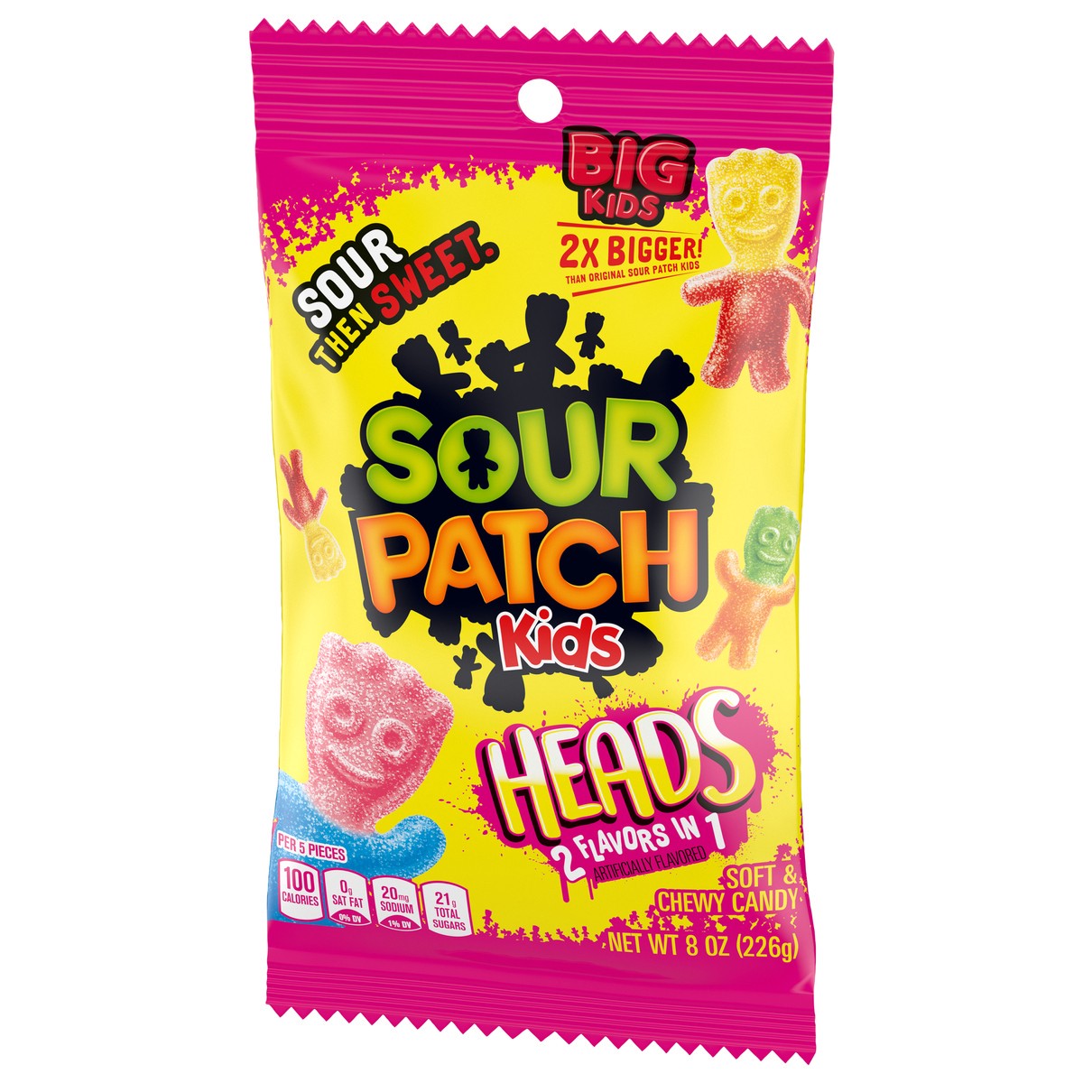 slide 2 of 9, SOUR PATCH KIDS Heads 2 Flavors in 1 Soft & Chewy Candy, 8 oz, 8 oz