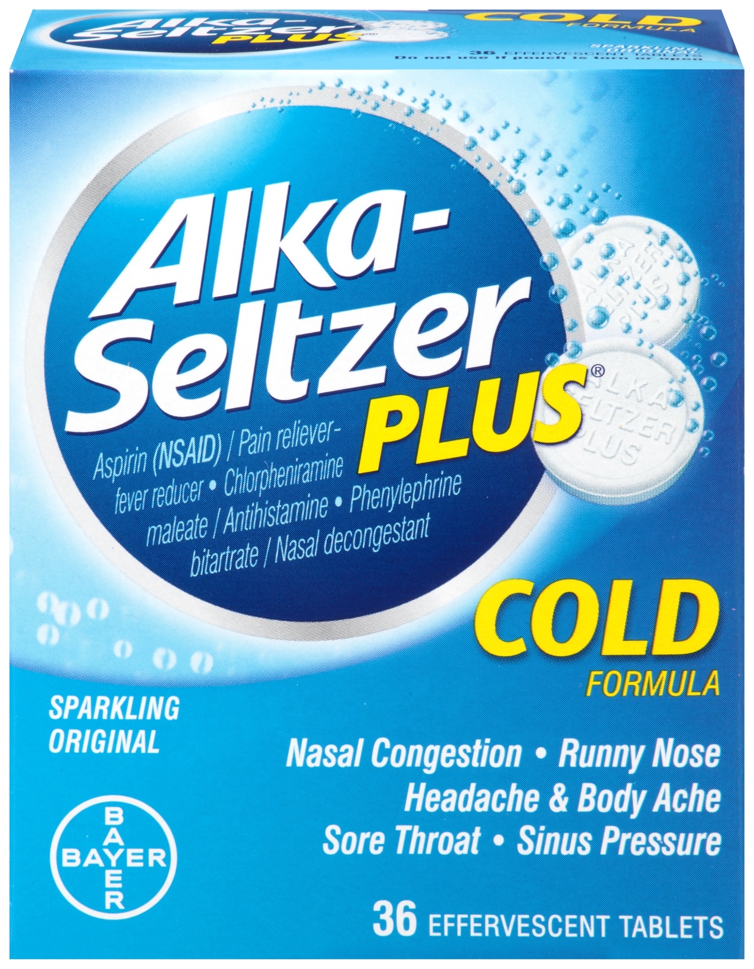 slide 1 of 1, Alka-Seltzer Plus Sparkling Original Cold Formula Effervescent Tablets Box, 36 ct