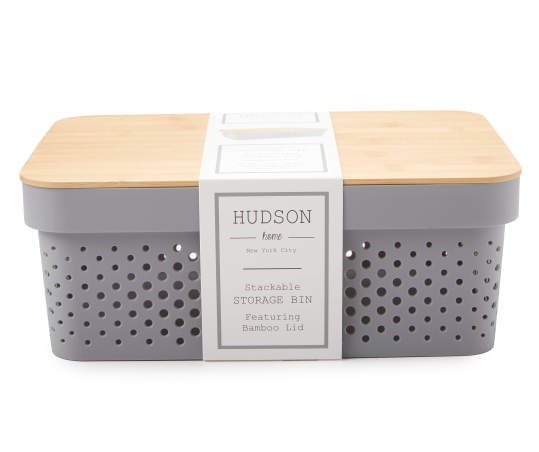 slide 1 of 1, Hudson Home Gray Stackable Storage Bin With Bamboo Lid, 1 ct