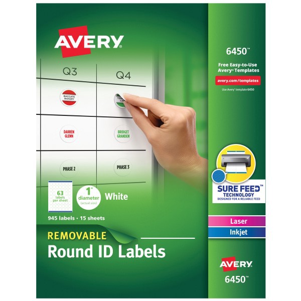 slide 1 of 10, Avery Removable Round Multipurpose Labels, 6450, White, 945 ct; 1 in