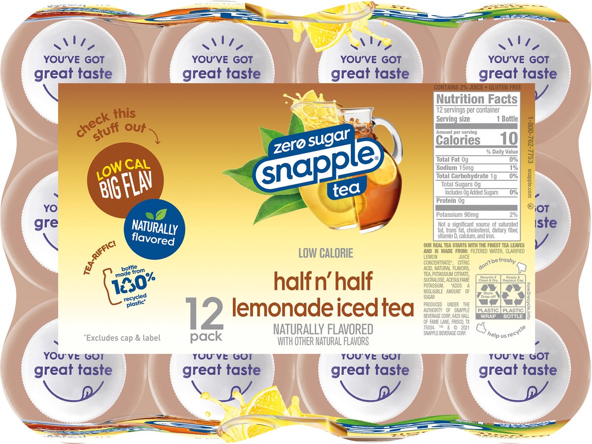 slide 3 of 11, Snapple Zero Sugar Half 'n Half Tea, 16 fl oz recycled plastic bottle, 12 pack - 12 ct, 12 ct