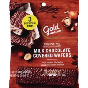slide 1 of 1, Gold Emblem Wafer Cookies Hazelnut-Filled Milkchoccovered3Pk, 4.2 oz