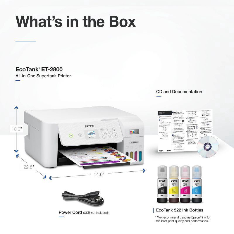 slide 6 of 7, Epson Ecotank Et-2800 All-In-One Supertank Color Printer, White, 1 ct