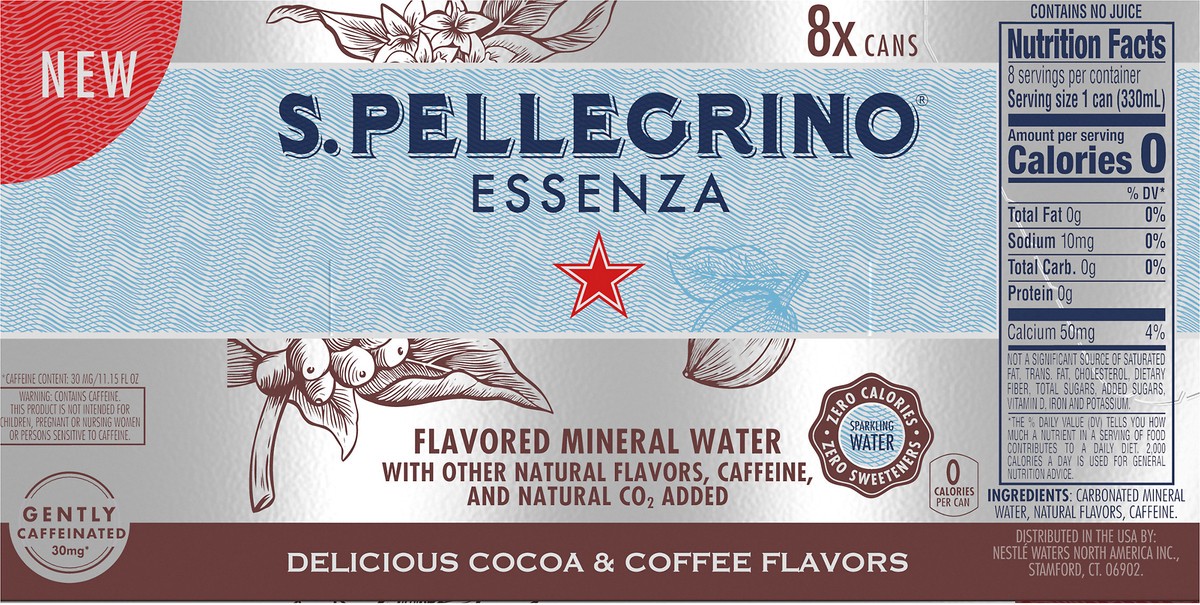 slide 6 of 8, S.Pellegrino Essenza Delicious Cocoa & Coffee Flavors, 11.15 fl oz. Cans (8 Pack), 89.2 oz