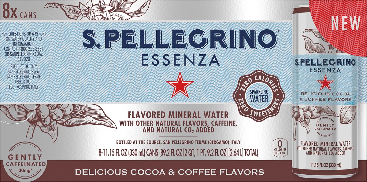 slide 8 of 8, S.Pellegrino Essenza Delicious Cocoa & Coffee Flavors, 11.15 fl oz. Cans (8 Pack), 89.2 oz