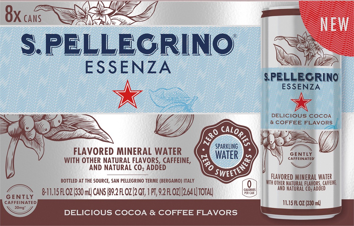 slide 3 of 8, S.Pellegrino Essenza Delicious Cocoa & Coffee Flavors, 11.15 fl oz. Cans (8 Pack), 89.2 oz