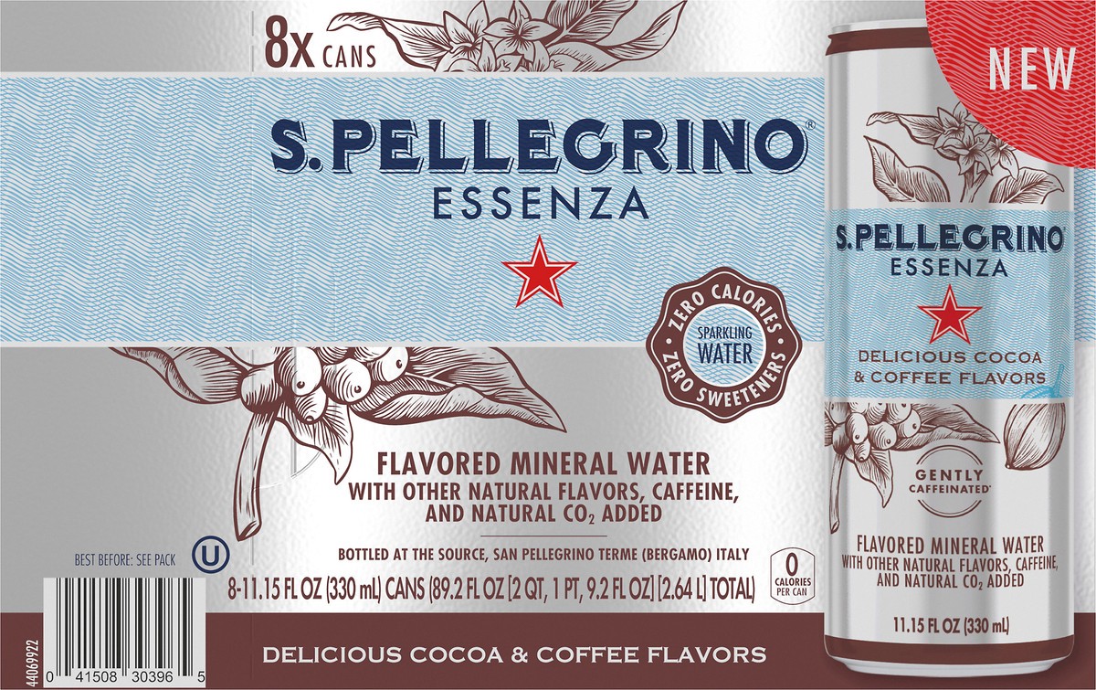 slide 2 of 8, S.Pellegrino Essenza Delicious Cocoa & Coffee Flavors, 11.15 fl oz. Cans (8 Pack), 89.2 oz